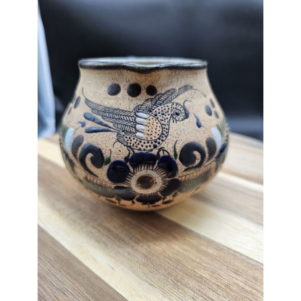 Pitcher Creamer Bird and Floral Sandstone Tonala Mexico Pottery Hand Painted